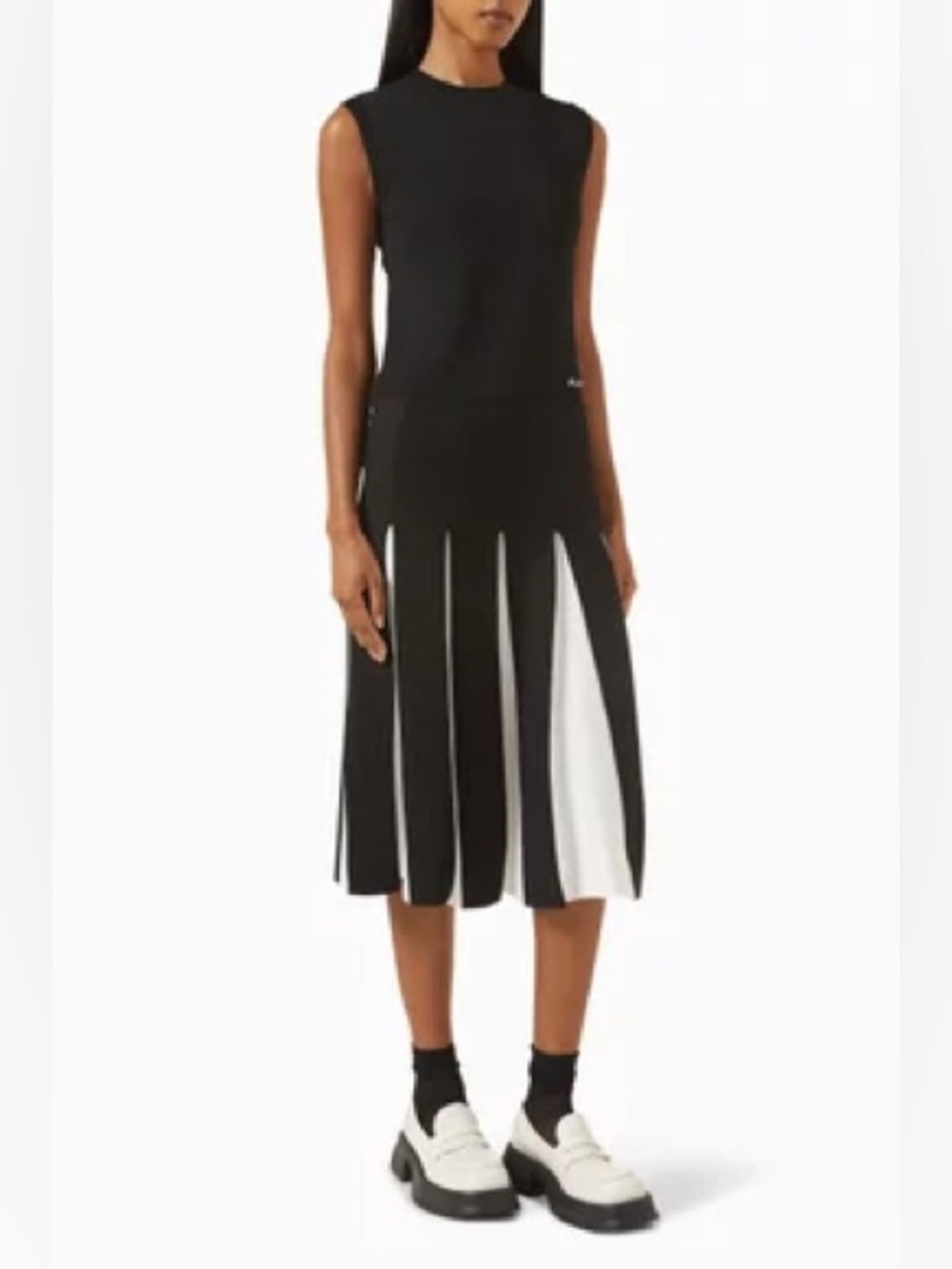 Marni Black and White Sleeveless Pleated Midi Dress